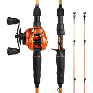image:imageKastKing Lethal Blaze Twintip Fishing Rod and Reel Combo Spinning amp Baitcaster Combo Flame Pattern Design IM6 Graphite 2Pc Rod with Backup Tip Section StainlessSteel Guides EVA HandleCast74 Hleft Handed 2pcs Extra Tip