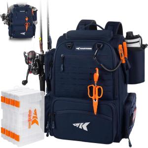 image:imageKastKing Bait Boss Fishing Tackle Backpack with Rod Holders4 Tackle BoxesRain CoverStorage for Fishing GearG Blue Aluminum Back Support System