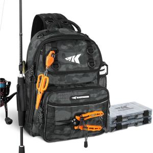 image:imageKastKing BaitSpace Fishing Sling Bag Fishing Backpack with Rod amp Beverage Holder Tackle Bag for Fishing GearE Black Camo  with 2 3600 tackle boxes