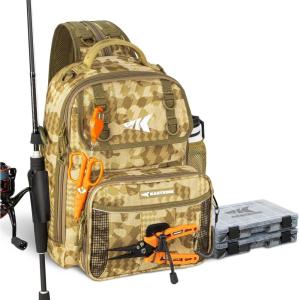 image:imageKastKing BaitSpace Fishing Sling Bag Fishing Backpack with Rod amp Beverage Holder Tackle Bag for Fishing GearG Khaki Camo  with 2 3600 tackle boxes