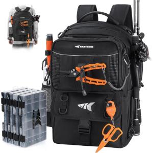 image:imageKastKing BaitSpace Fishing Tackle Backpack with Removable Bait Binder2 Rod Holders Storage Fishing Gear and EquipmentA Black With 4 3600 Tackle Boxes