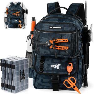 image:imageKastKing BaitSpace Fishing Tackle Backpack with Removable Bait Binder2 Rod Holders Storage Fishing Gear and EquipmentC Blue Camo With 4 3600 Tackle Boxes