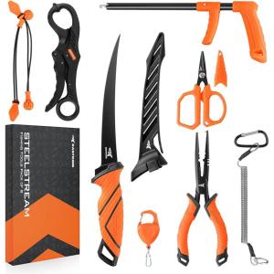 image:imageKastKing SteelStream 8pc Fishing Tool Kit  Fishing Pliers with Lanyard Fillet Knife Floating Fish Lip Gripper Fishing Braid Scissors Tool Retractor Fishing Hook Remover Bungee Cords
