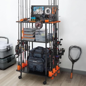 image:imageKastKing V12 Gear Trolley Indoor Fishing Rod Holder for 12 Combos 3Tier Fishing Rod Rack With Peg Wall Patented Builtin Line Spooler Mobile Tackle Storage Cart With Locking WheelsBPro Model 12 Rods